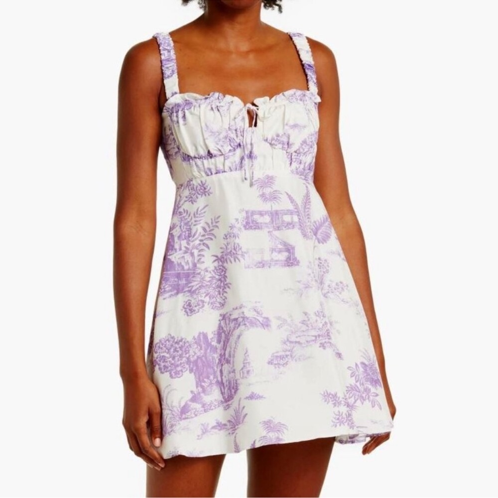 NICHOLAS Revolve Simie Peasant Bustier Mini Dress in Varley Toile Lavender, Sz 6